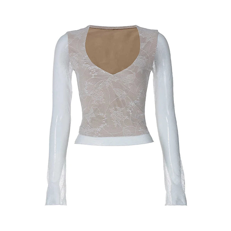Elegant White Lace Slim Long T-Shirt