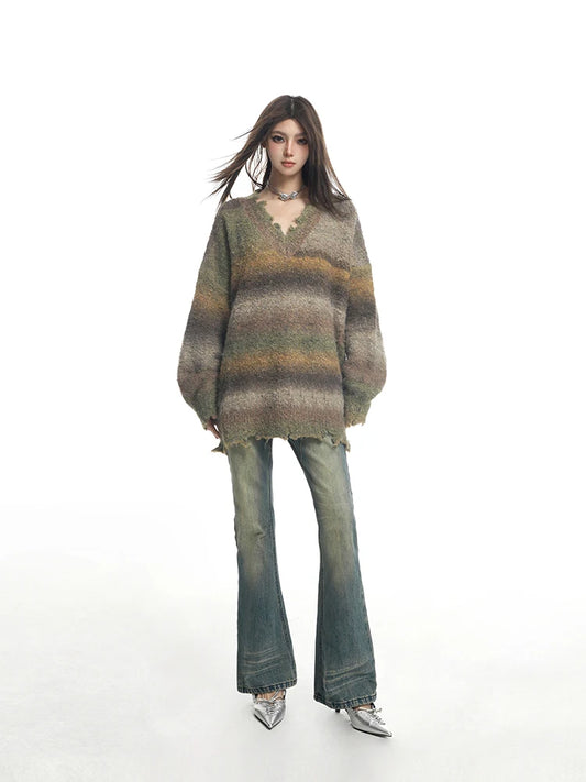 Retro Gradient Striped Sweater V-Neck Knit