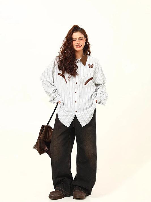 Versatile Korean Striped Retro Long Shirt