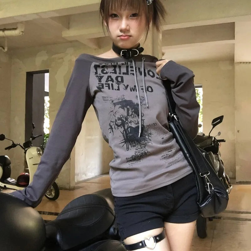 Graffiti Print Off Shoulder Long T-Shirt