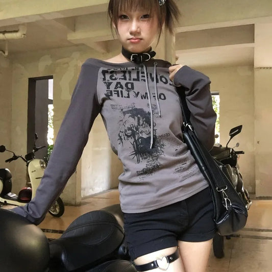Graffiti Print Off Shoulder Long T-Shirt