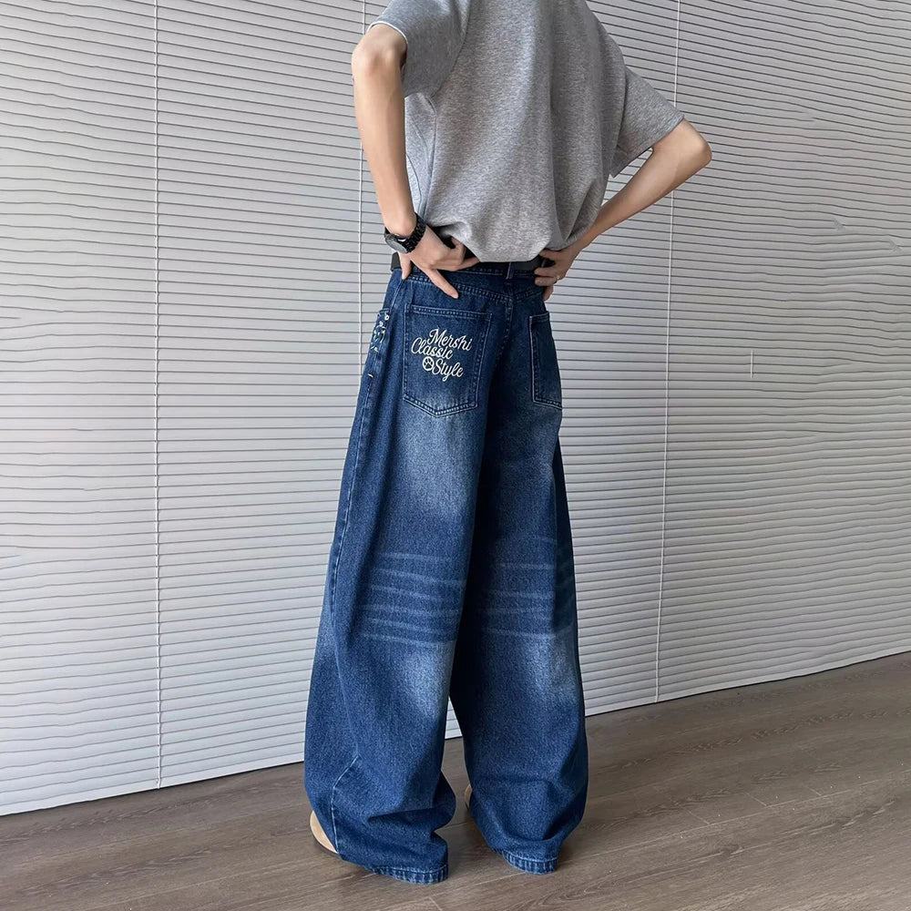 Breathable Loose Embroidered Contrast Color Jeans