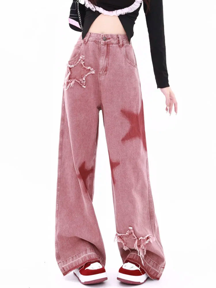Retro American Star Splicing Wide Jeans