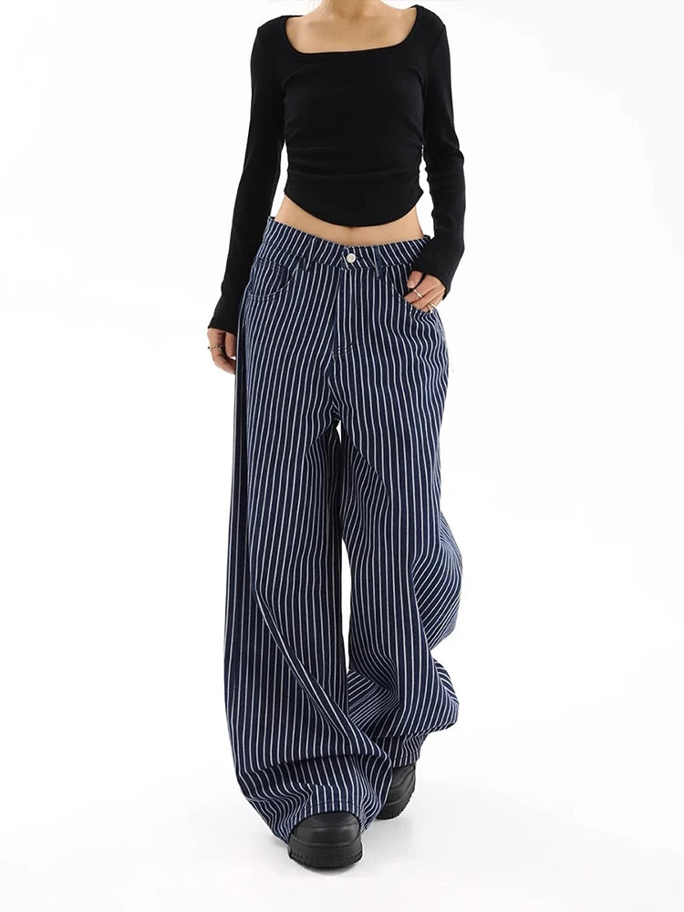 Autumn American Vintage Striped Wide Jeans