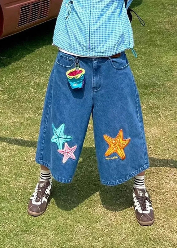 Creative Star Embroidery Loose Wide Shorts