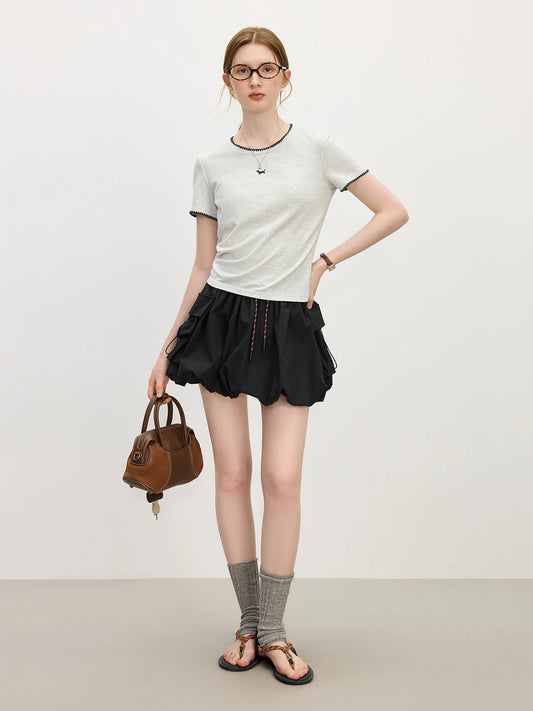 Embroidered Puppy Contrast Color Short T-Shirt