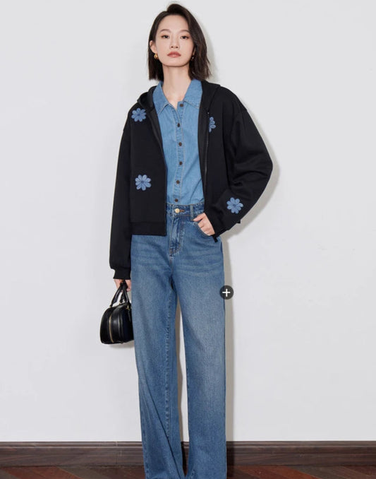 Floral Embroidery Casual Zipper Cardigan Sweater