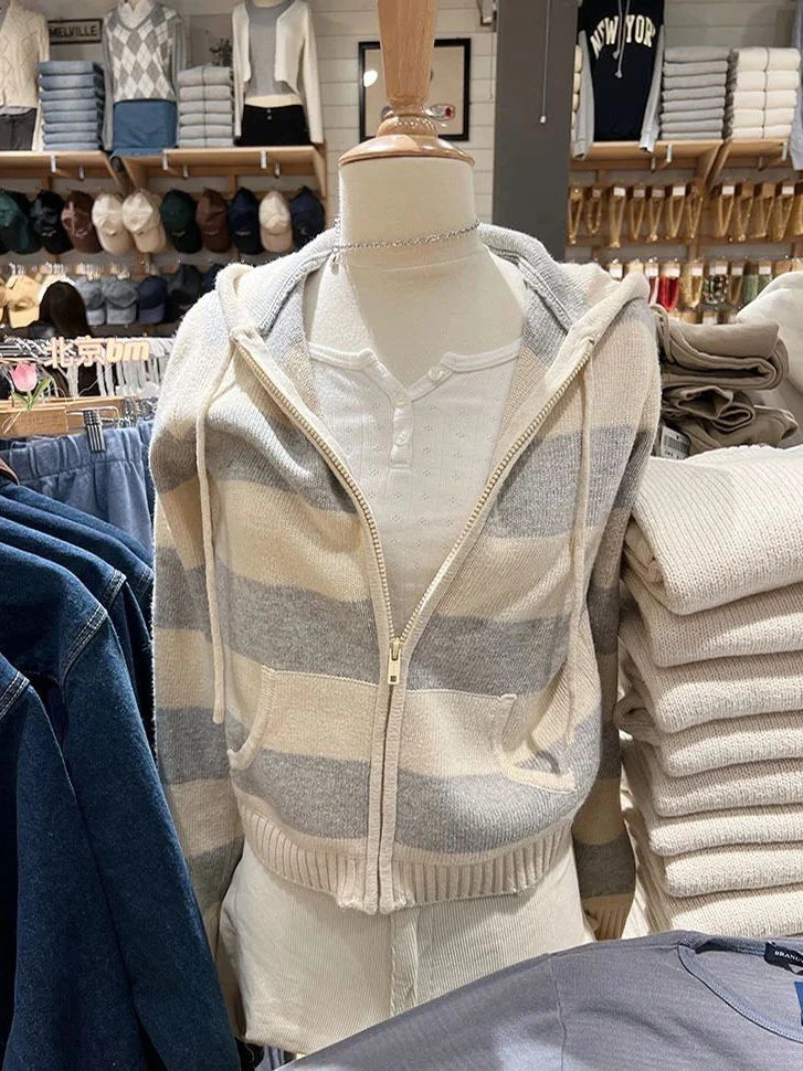 Cozy Striped Knitted Hooded Sweater Cardigan