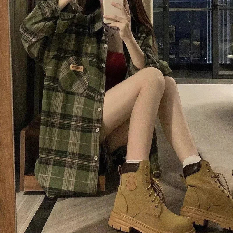 Vintage Oversize Green Plaid Blouse Shirt