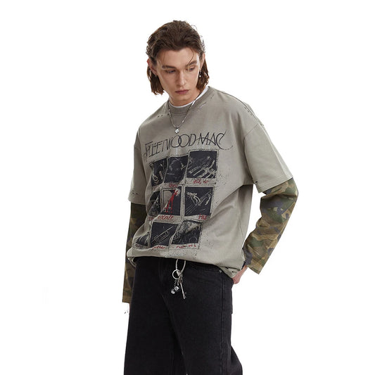 Retro Distressed Graphic Print Long T-Shirt