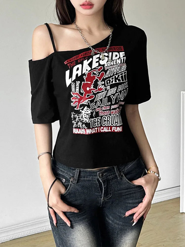Gothic Letter Print Off Shoulder T-Shirt
