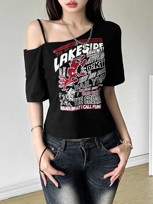 Gothic Letter Print Off Shoulder T-Shirt
