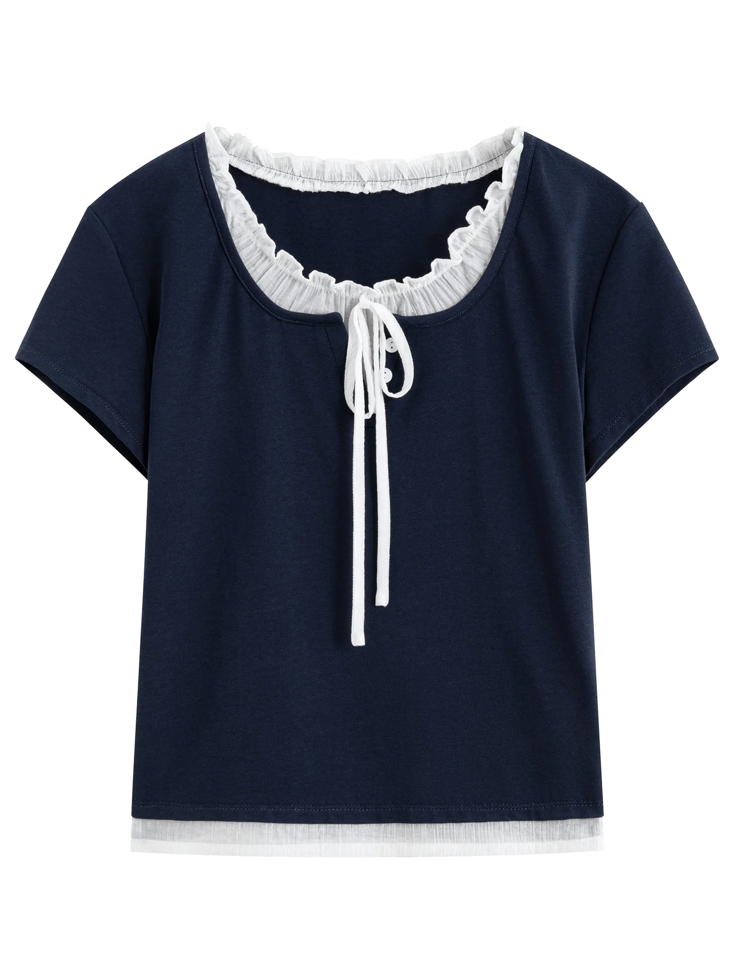 Navy Blue Age-Reducing Fake Two-Piece T-Shirt