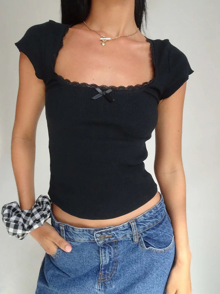Vintage Lace Trim Knitted Square T-Shirt