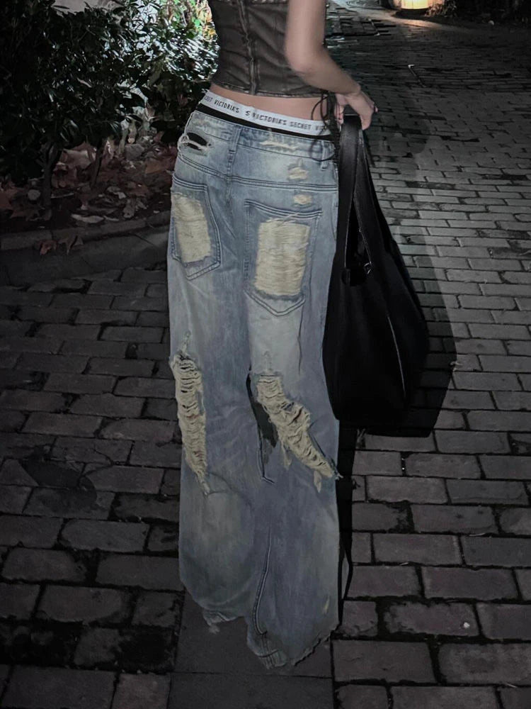 Vintage Blue Distressed High Waist Jeans