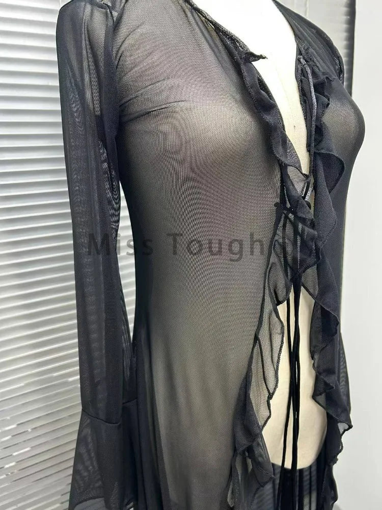 Black Vintage Y2K See-Through Cardigan Blouse