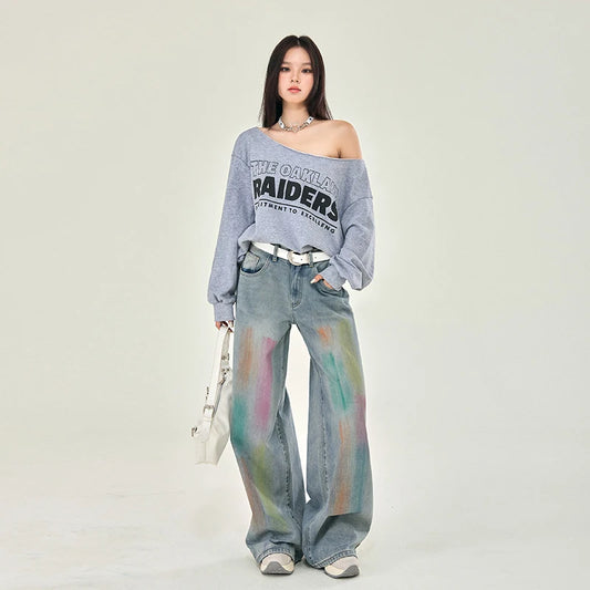 Rainbow Graffiti Printed Denim Wide Jeans