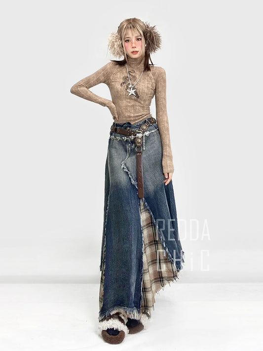 Vintage Gradient Plaid Patchwork Maxi Jeans