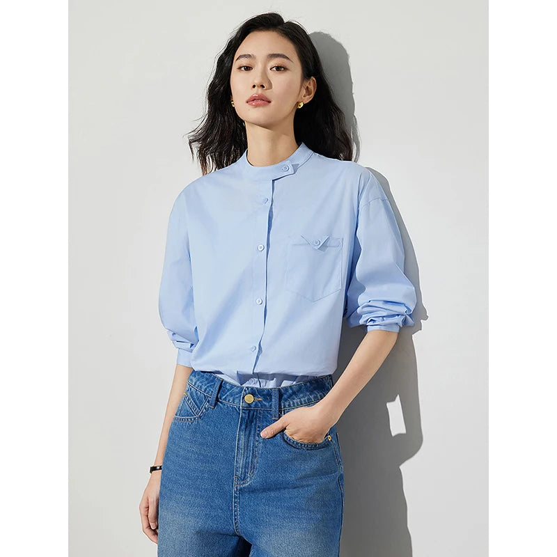 Elegant Mandarin Collar Button-Up Blouse Shirt