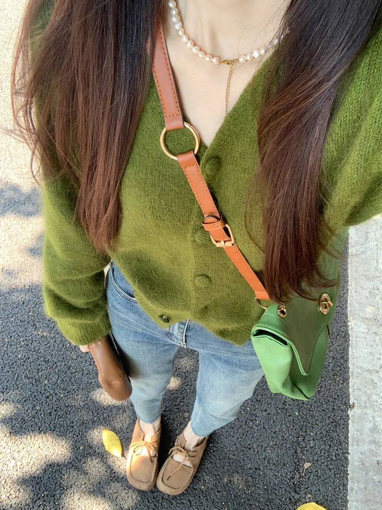 Green V-Neck Knitted Cardigan Sweater