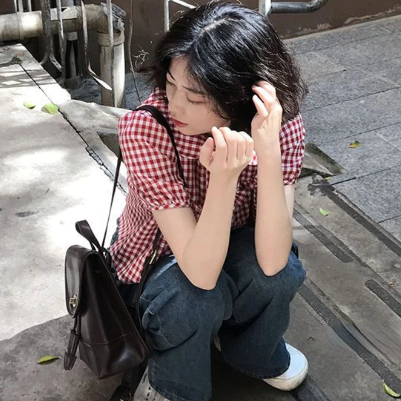 Vintage Red Plaid Girlish Chic Shirt