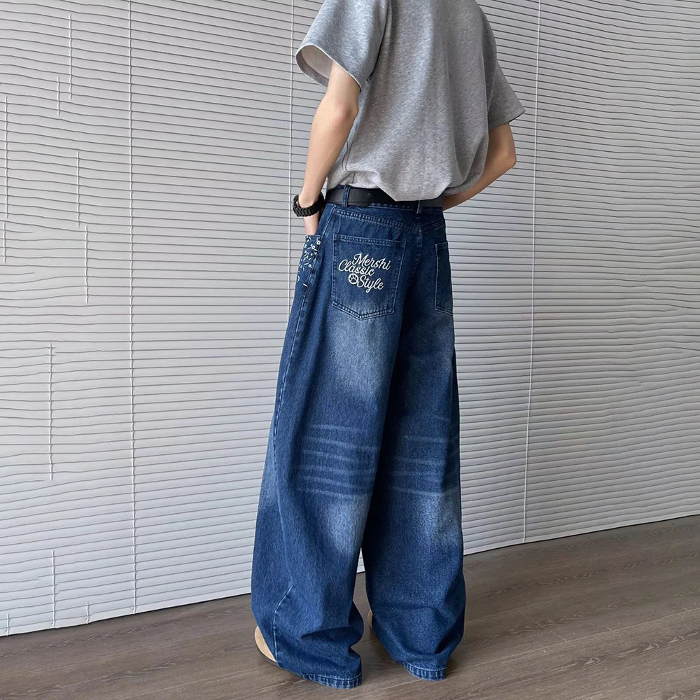 Breathable Loose Embroidered Contrast Color Jeans