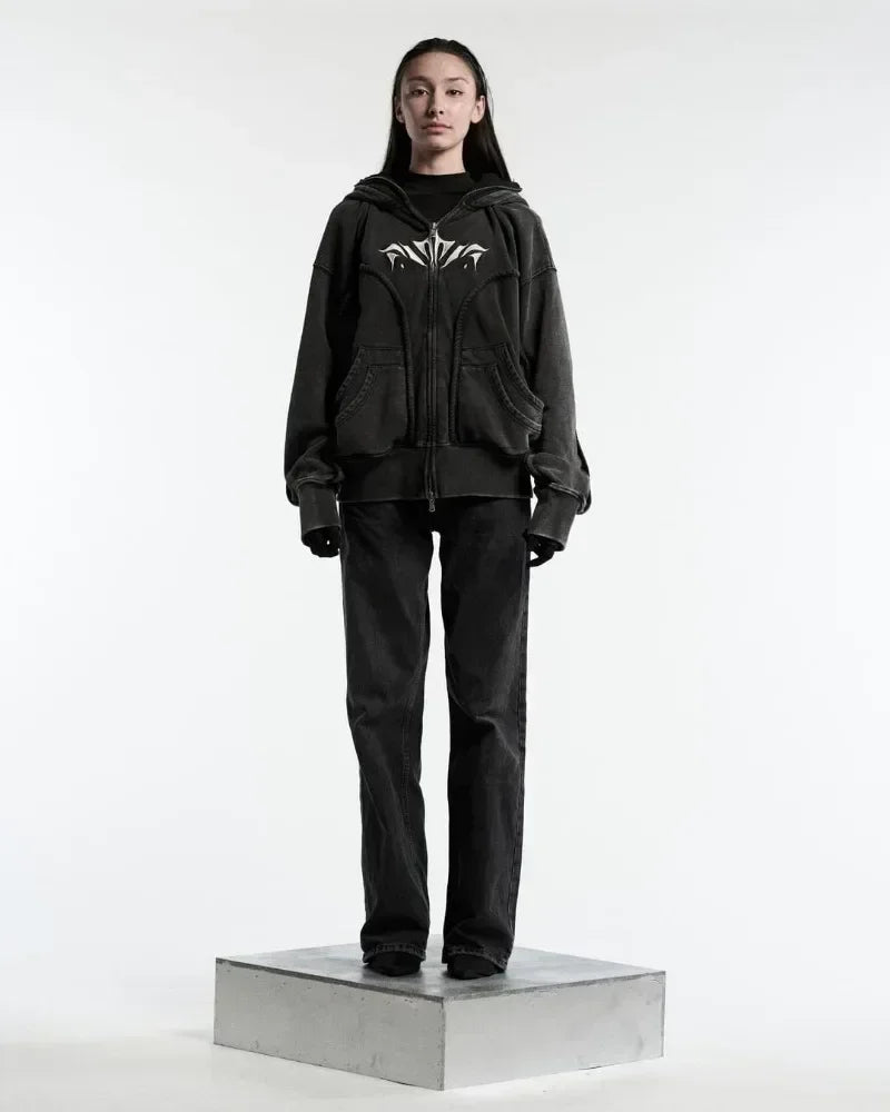 Oversized Embroidered Ninja Zip Up Shirt