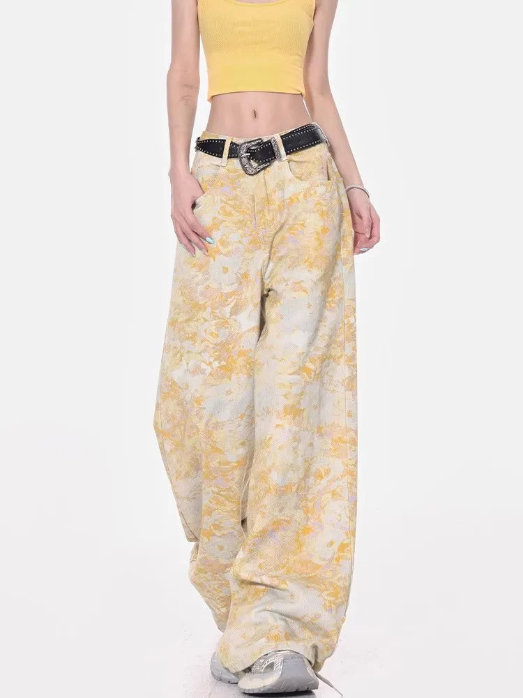 Floral Print High Waist Straight Jeans