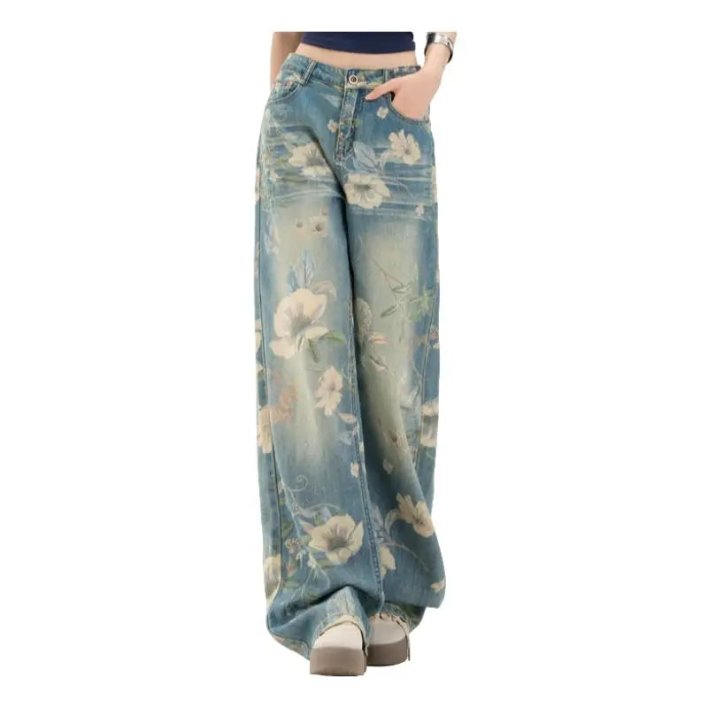 Floral Print High Waist Blue Jeans