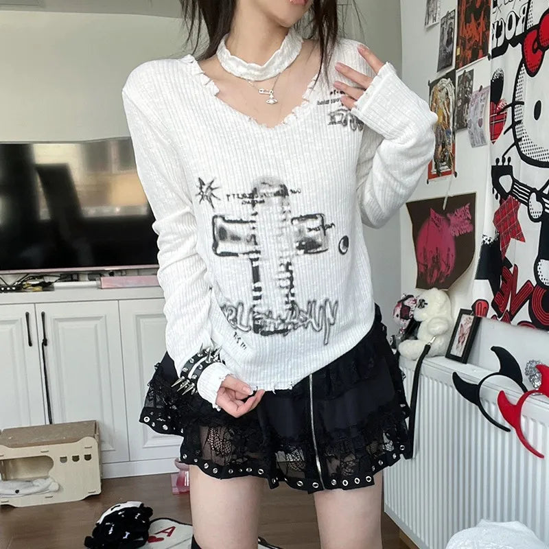 Vintage Grunge Distressed Knit Crop T-Shirt
