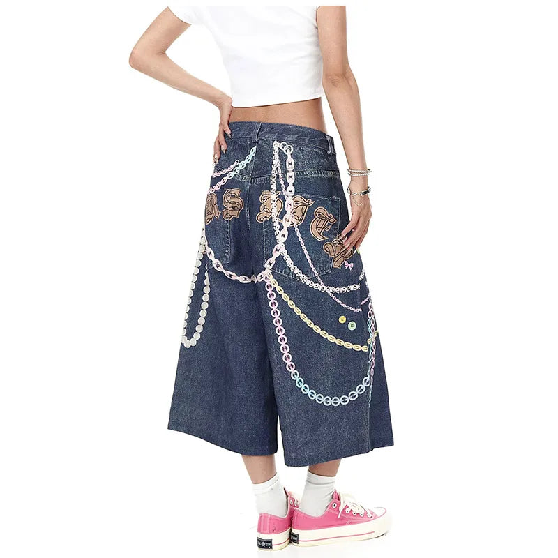 Colorful Chain Print Denim Shorts