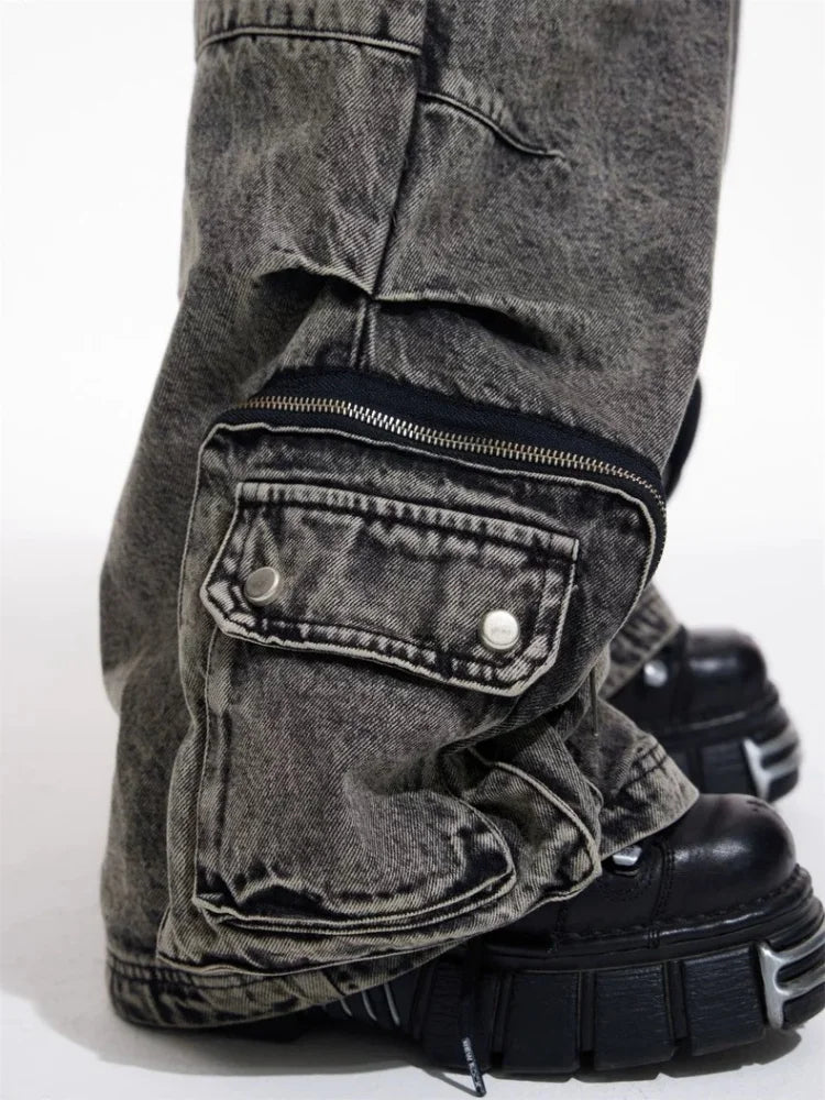 Vintage Grey Pleated Cargo Wide Jeans