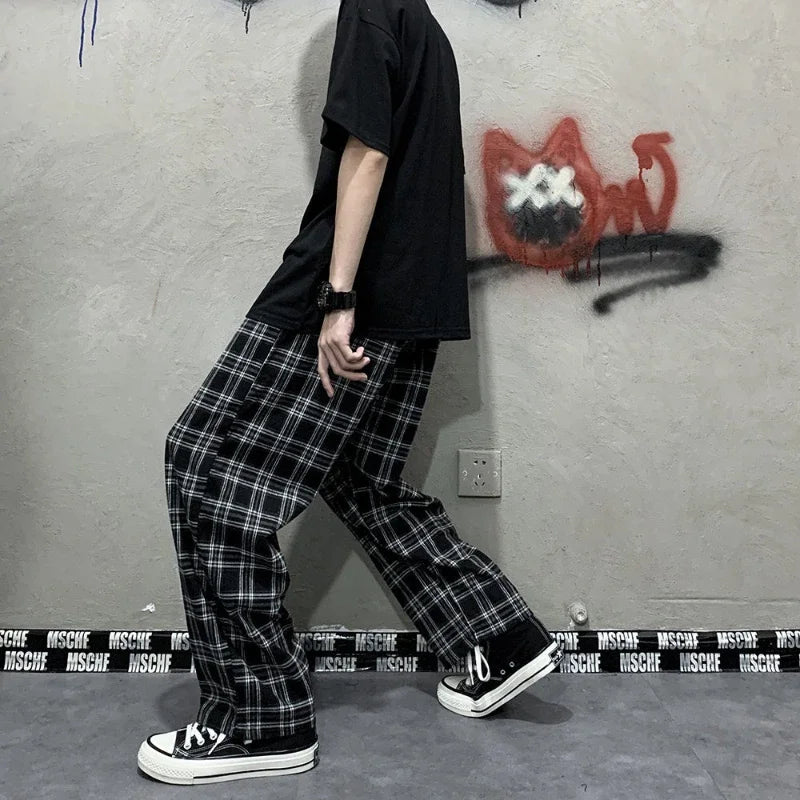 Summer Korean Style Plaid Wide-Leg Pants
