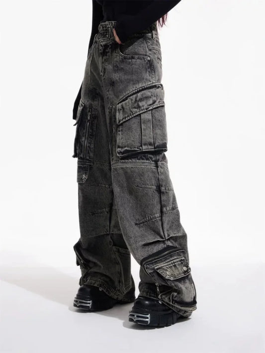 Vintage Grey Pleated Cargo Wide Jeans