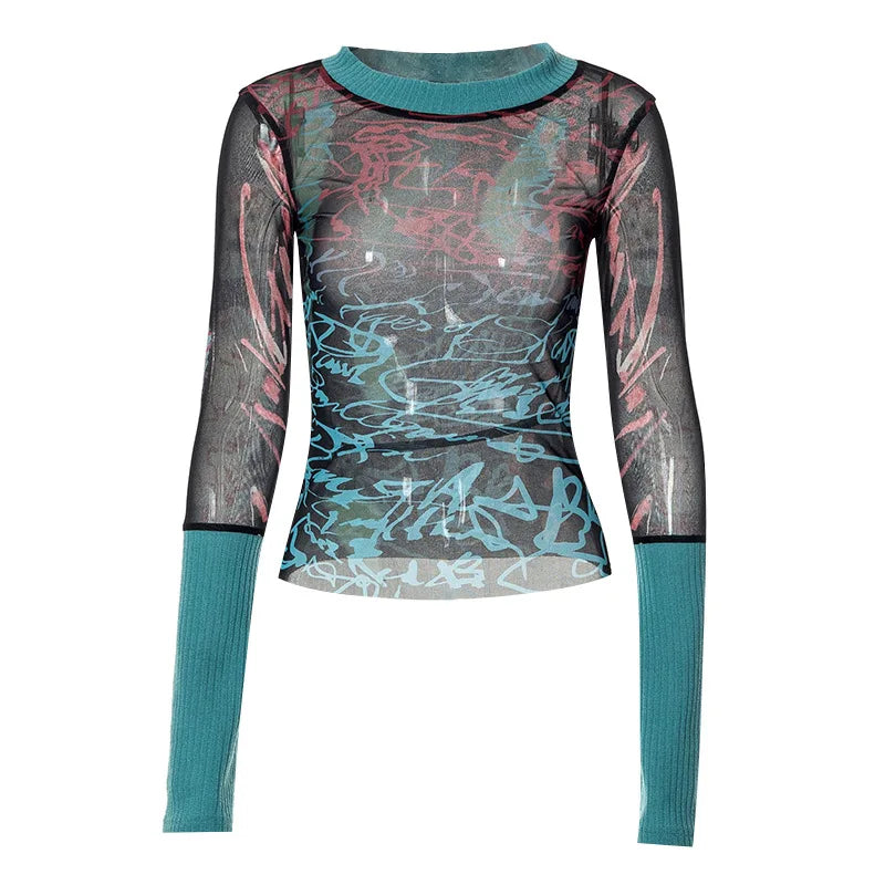 Sheer Mesh Patchwork Long Sleeve T-Shirt
