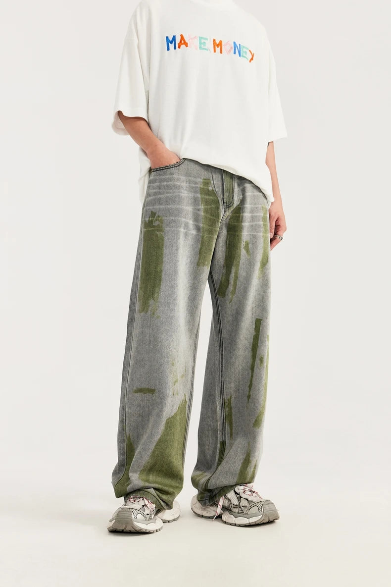 Hand-Painted Wide Leg Denim Trousers Jeans