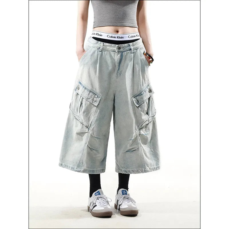 Retro High Waist Baggy Blue Jorts
