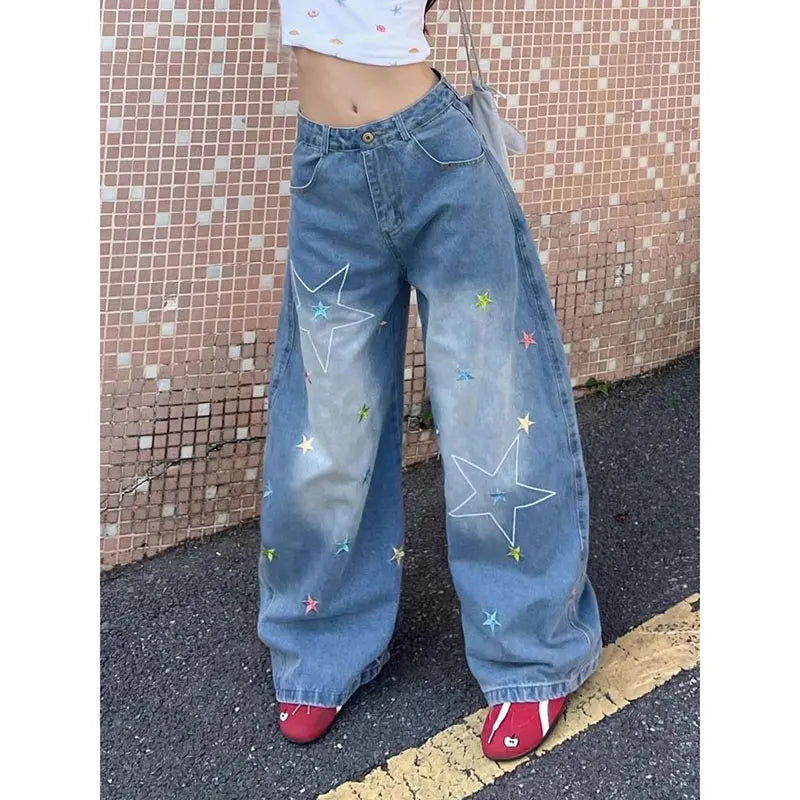 Vintage Loose Washed Blue Wide Jeans