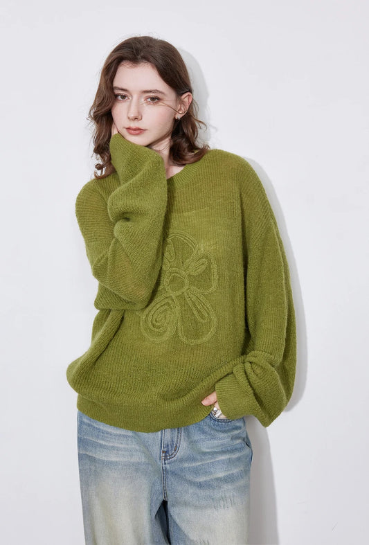 Cozy Knitted Sweater Flower Pattern Pullover