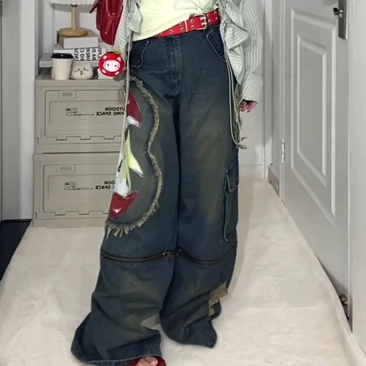 American Retro Graffiti Print Cargo Jeans