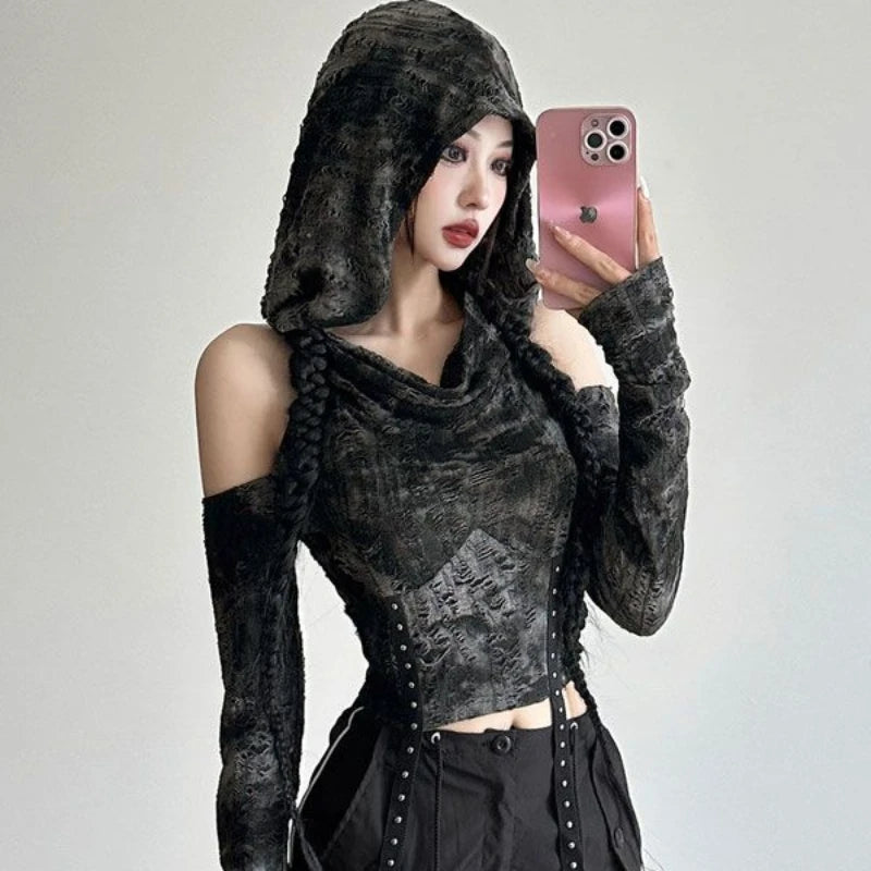 Retro American Spring Hooded Long T-Shirt