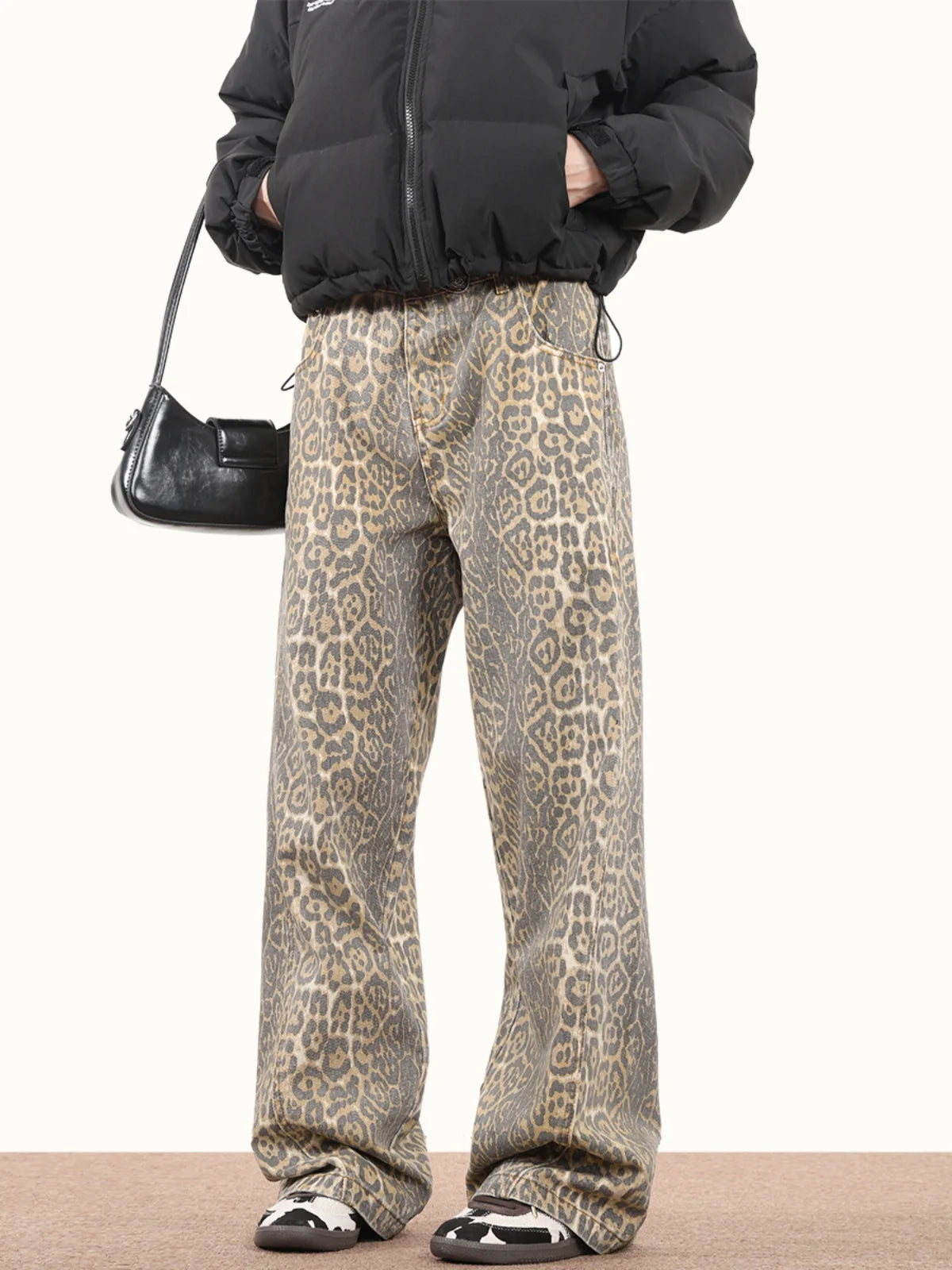 Leopard Wash High Waist Straight Jeans