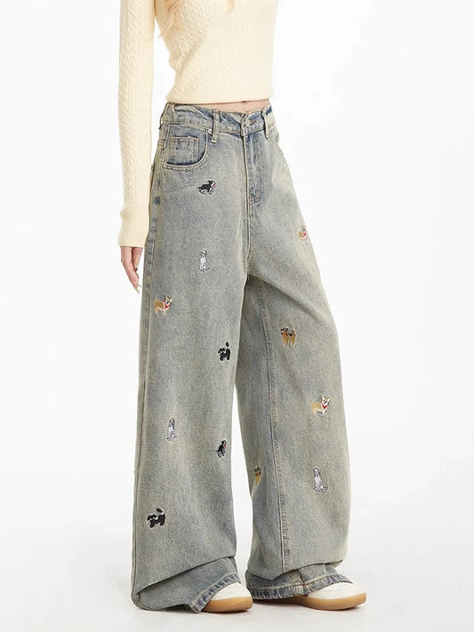 Embroidered Puppy Patch Wide Jeans