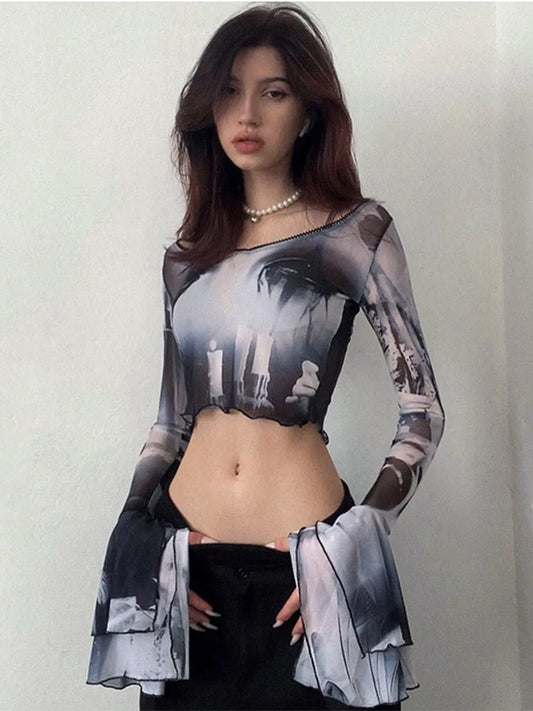 Gothic Aesthetic Mesh Flare Sleeve T-Shirt