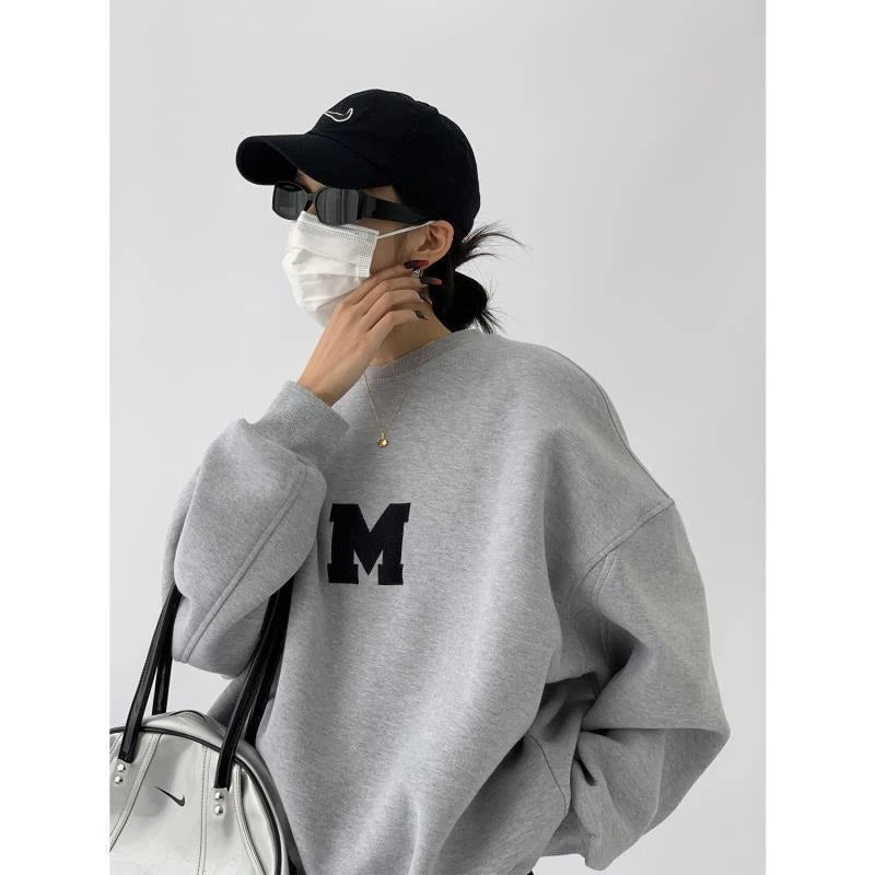 Gray Oversize Letter Embroidered Sweatshirt