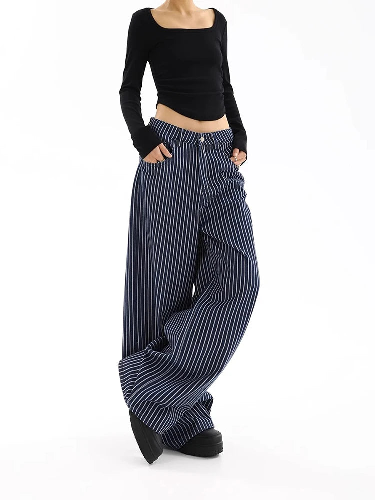 Autumn American Vintage Striped Wide Jeans