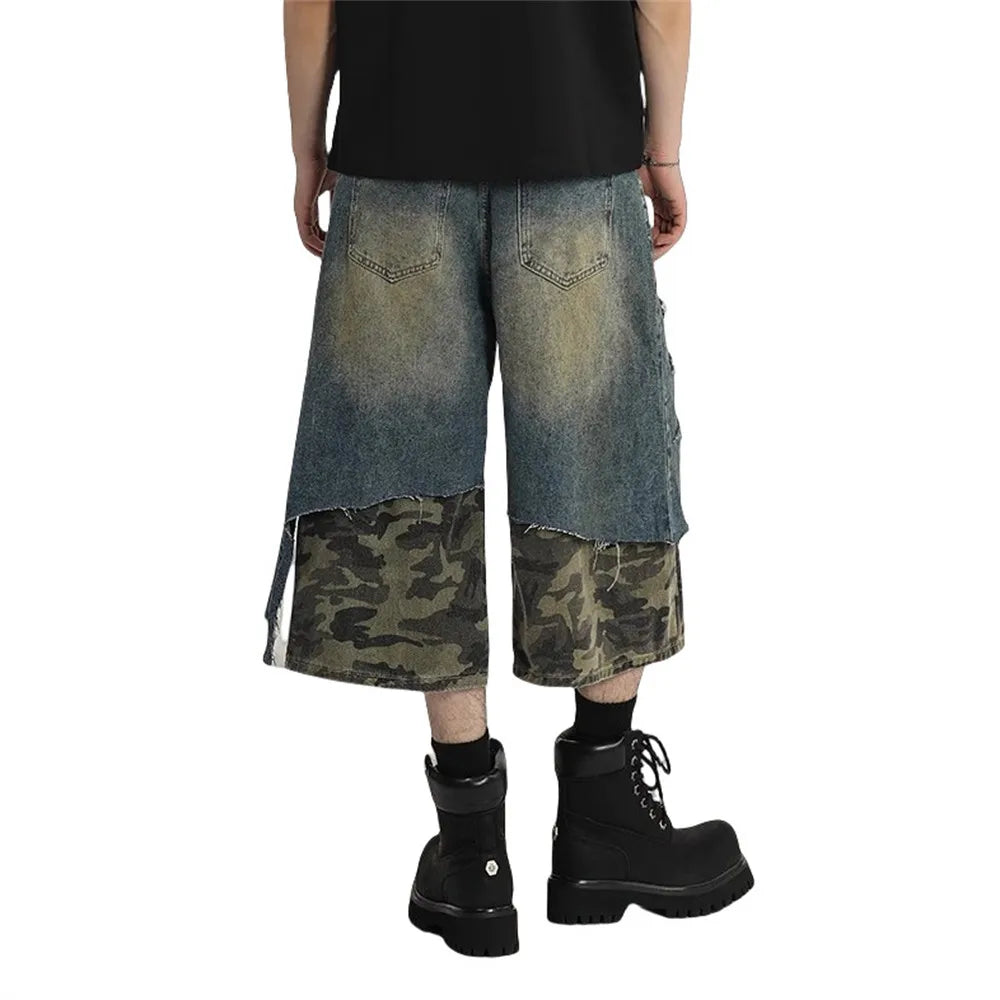 Distressed Camouflage Spliced Denim Shorts Jeans