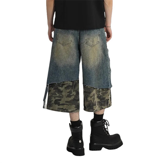 Distressed Camouflage Spliced Denim Shorts Jeans