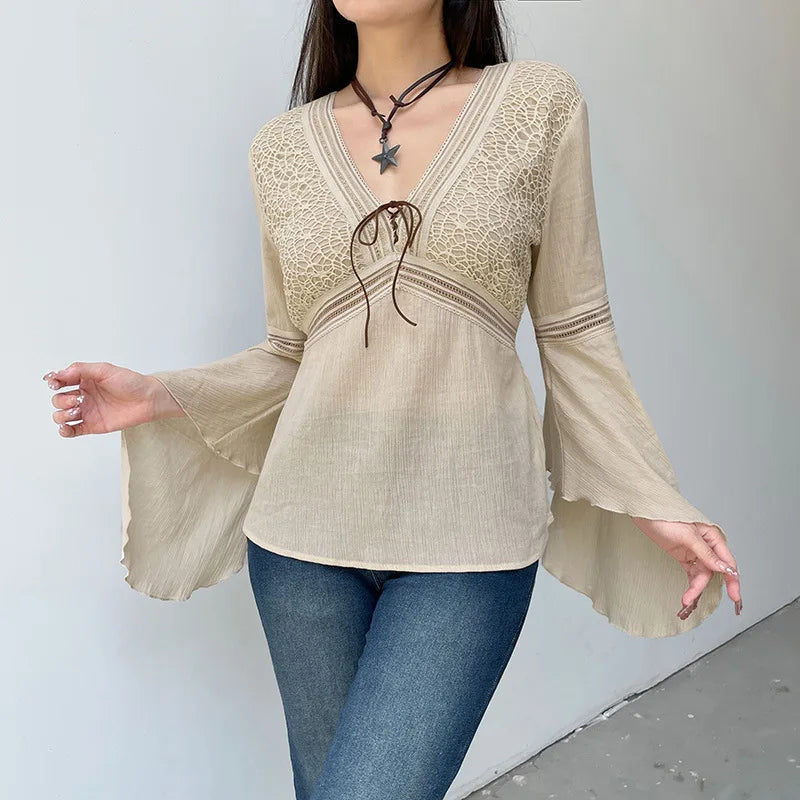 Retro Casual Lace-Up V-Neck T-Shirt
