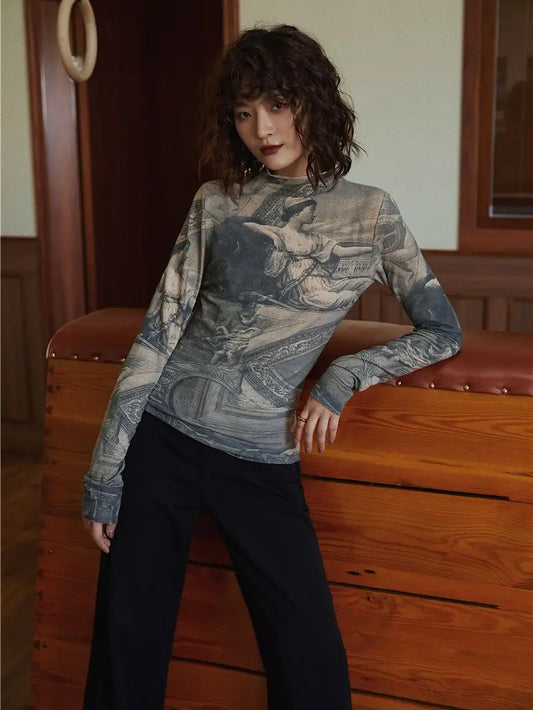 Renaissance Print Vintage Turtleneck Long Sleeve